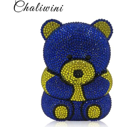 Custommade Blue Animal Bear Storage Bean All Diamond Women Evening Clutch Bag Party Wallet Chain Shoulder Handbags Evening Bag