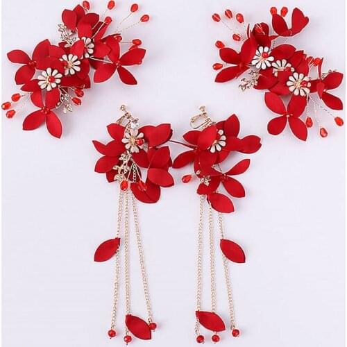 Bride Wedding Simulation Pearl Hair Jewelry Set Girls Tassel Flower Hair Accessories Women Chinese Style Red Headband Earrings