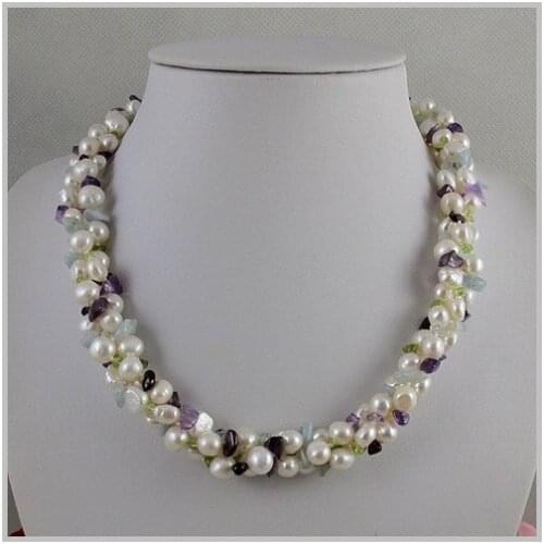 Unique Pearls jewellery Store,3rows Multicolor Jaspers Baroque White Freshwater Pearl Necklace,Perfect Women Gift Jewelry