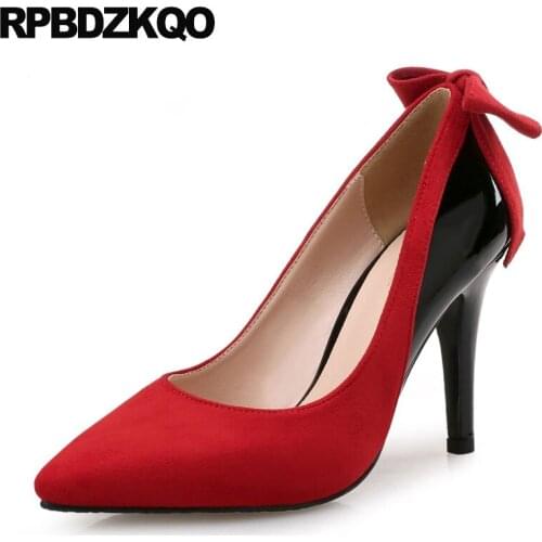 Suede Pointed Toe Sweet Stiletto High Heels Patent Leather Multi Colored Size 33 Women Pumps Plus 3 Inch Party Shoes Red Bow