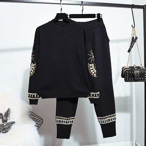 Autumn Korean Fashion Beading Knitted Tracksuits Women 2 Piece Set Loose Black Long Sleeve Sweater Pencil Pants Outfits Female