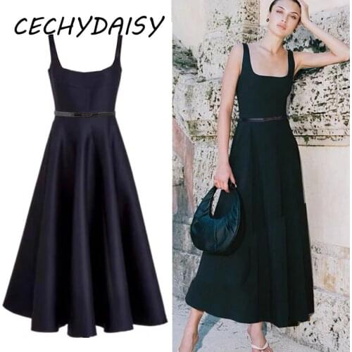 Runway Fashion Dresses For Women 2021 High Waist Sleeveless Sexy Square Collar A-Line Solid Traf Midi Dress Vestidos Robes Femme