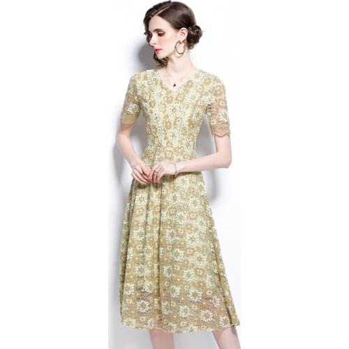 New 2021 Women Summer Fashion Runway Midi Dress Short Sleeve Lace High Waist Slim Mesh A-Line Dress Vestidos k6396