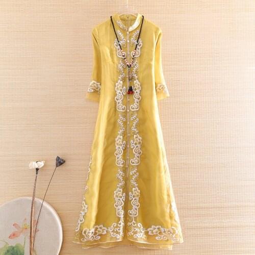 Hi-end Spring Summer 2021 Women Cheongsam Zen Dress Embroidery Slim Elegant Lady Chinese Style A-line Party Qiapo Dress S-XXL