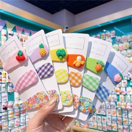 3 Piece Girls Hair Pin Cute Fruit Cartoon Hair Accessories Plaid Print Hair Clips Bb Clips Ins Barrettes Kids Hair Styling Tools