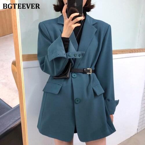 BGTEEVER Chic Stylish Notched Collar Loose Female Suit Outwear Long Sleeve Single-breasted Pockets Women Blazer Tops 2021 Spring