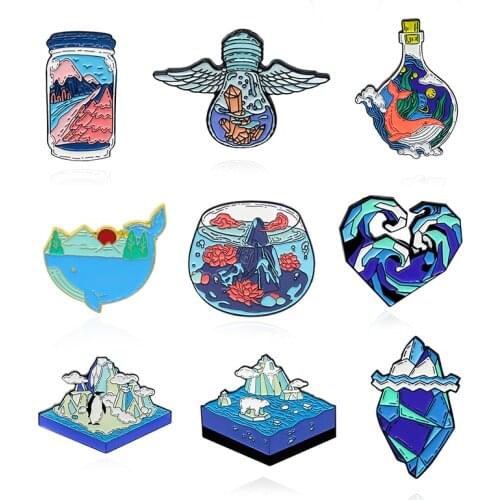 Heart wave iceberg Brooches Blue whale penguin bear Lapel Pin Mountain tree sun moon planet Crystal flower Glass bottle Badge