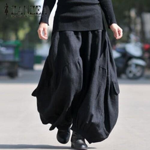 ZANZEA Solid Long Wide Leg Loose Baggy Cargo Pants Trousers Women Cotton Linen High Elastic Waist Fashion Lantern Pantalon