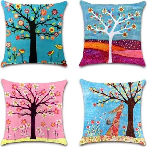 Flowers Tree Painting Pink Cushion Cover Decorative Home Throw Sofa Chair Car Seat Friend Bedroom Kids Gift Pillowcase