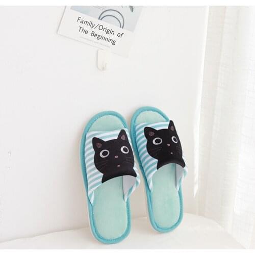 Spring and Autumn Cute Blue Striped Cat Antiskid Couple Home Mute Slippers