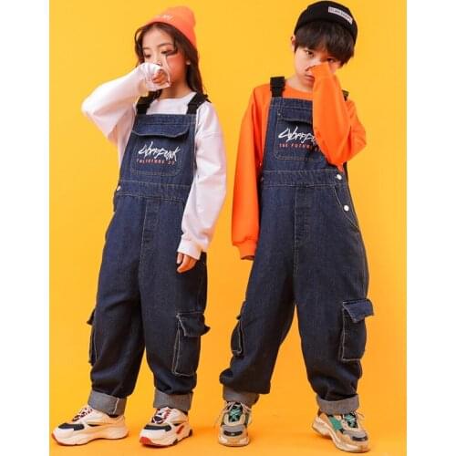 Children Hip Hop Clothing Outfits Oversized Sweatshirt Tops Jeans Bib Pants Girls Boys Jazz Dance Costumes Street Clothes Wear