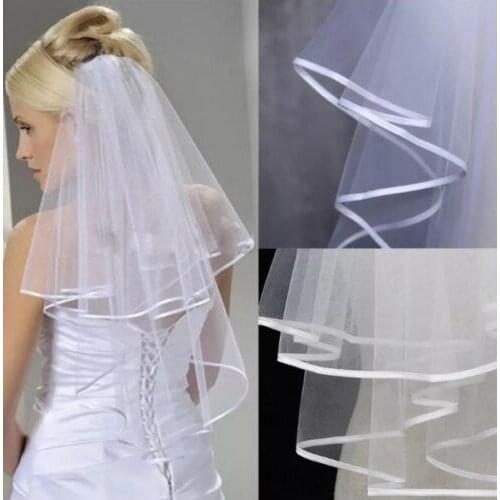 Bridal Wedding Ivory Veil 2 Tier With Comb Satin Ribbon Edge Elbow Length 2021