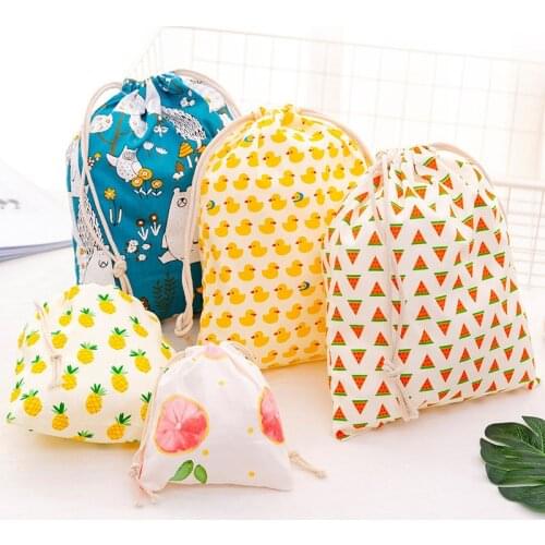 Cotton Linen Fabric Pouch Drawstring Bag Cartoon Print Kid Woman Travel Cloth Shoes Storage Bag Cosmetics Dustproof Storage Bags