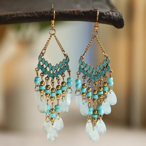 Classic Fan-Shape Dangle Hanging Earrings For Women Ethnic Red Crystal Bead Long Tassel Wedding Earrings Bohemian Summer Jewelry