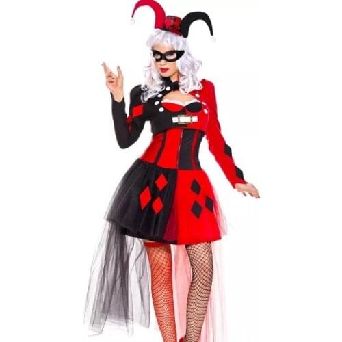 Joker Costume clothing for girls Joker Clown Circus Costume Adult Women Halloween Harlequin Cosplay black red Dress JY085