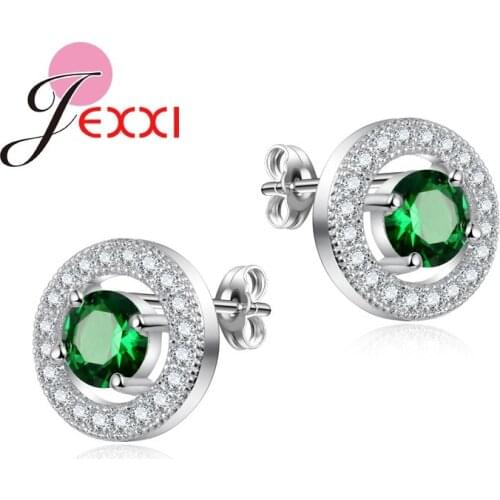 Round Hollow Design Women/Girls Earrings With Full Shiny CZ Crystal Colorful 925 Sterling Silver Stud Wholesale