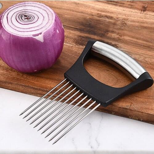 2021 Stainless Steel Onion Needle Onion Fork Vegetables Fruit Slicer Tomato Cutter Cutting Safe Aid Holder Cutting Aids Supplies