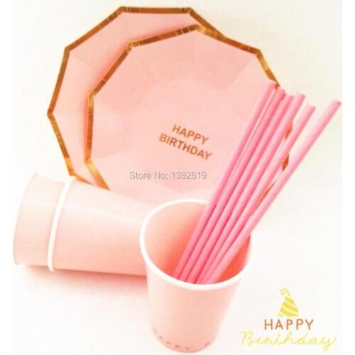 Wholesale 205Pcs Lovely Baby Pink Party Tableware Set Paper Straw Cup Plate With Gold Happy Birthday With Free Shipping