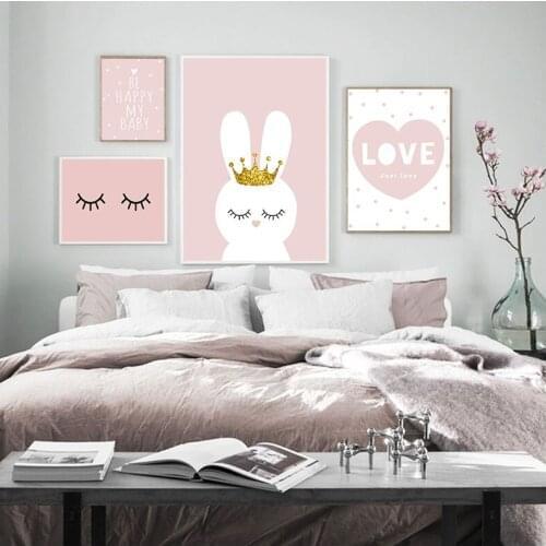 Nursery Wall Art Canvas Poster Minimalist Crown Bunny Print Pink Cartoon Painting Decoration Picture Nordic Baby Girl Room Decor