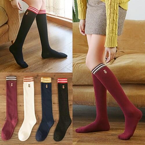 Bear 2-bar Knee Socks Sports Calf Socks College Fashion Women 's Embroidered Spring and Autumn Cotton Stockings Plaid Cartoon