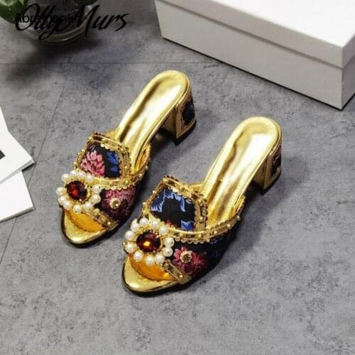 New Exotic Bohe Vacation Slipper Diamond Jewel Slip On HIgh Heeels Mules Shoes Women Spring Summer Big Size 35-43