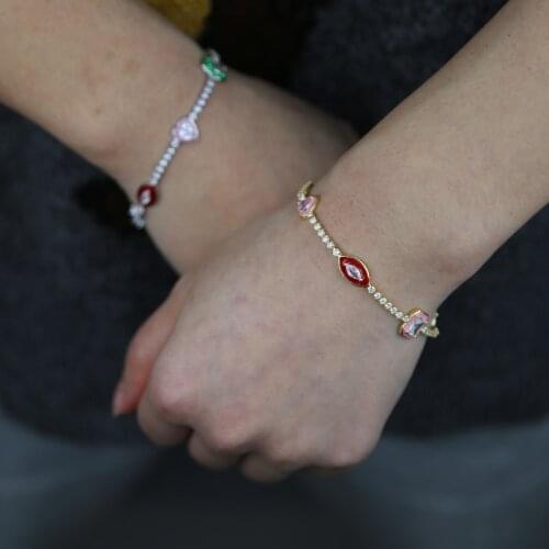 Top Quality Trendy Women Jewelry 5A Cubic Zirconia CZ Tennis Chain Rainbow Enamel Geometric Charm Bracelet