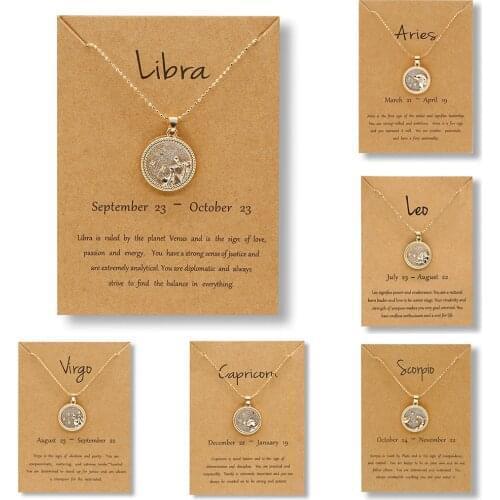 Rinhoo Charm 12 Constellation Jewelry Zodiac Women Pendant Necklace Gold Color Chain Coin Horoscope Choker Fashion Birthday Gift
