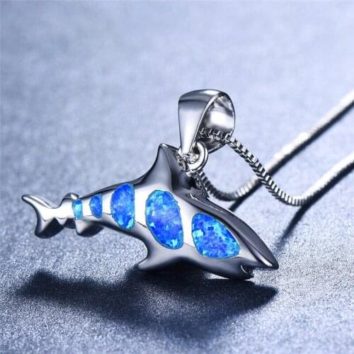 925 Sterling Silver Shark Pendant Blue White Fire Opal Necklaces For Women Cute Fish Animal Necklace Female Wedding Jewelry Gift