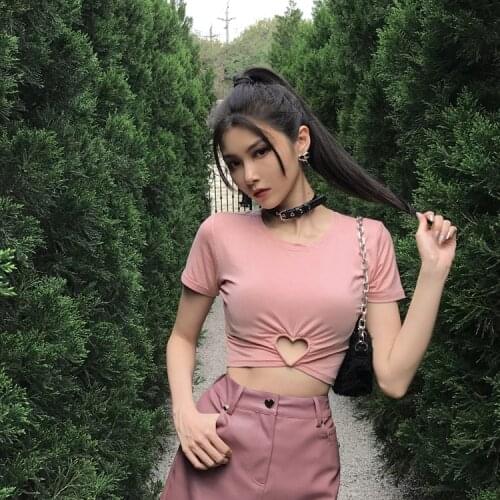 Ruibbit Gothic Hot Girls Love Hollowed Out Slim Elastic O-Neck Sweet Short T-shirt Summer Sexy Punk Women Punk Pullover Shirts