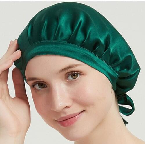 Good Quality Silk sleeping Cap Women Flounced Brand Solid 19Momme Mulberry Silk Night Sleep Cap Elegant Hair Care Accessories