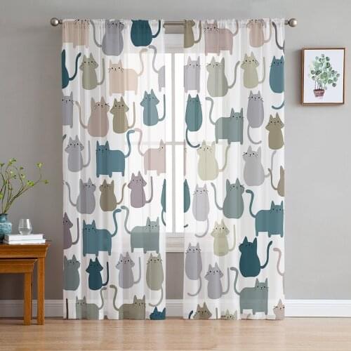 Kawaii Colorful Cat White Sheer Curtains for Living Room Bedroom Kitchen Chiffon Tulle Curtains Home Hotel Coffee Decor