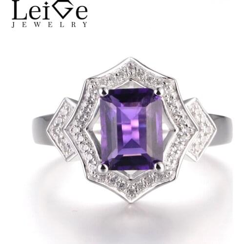 LeiGe Jewelry Natural Amethyst Rings Promise Rings February Birthstone Rings Emerald Cut Purple Stone Ring 925 Sterling Silver