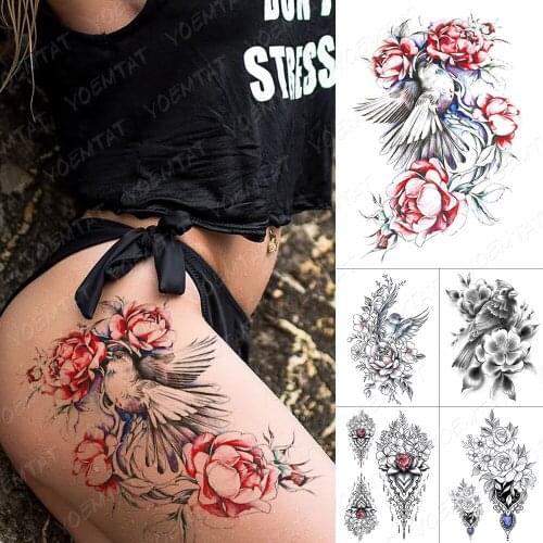 Waterproof Temporary Tattoo Sticker Bird Flower Feather Diamond Gem Flash Tattoos Peony Rose Body Art Arm Fake Tatoo Women Men