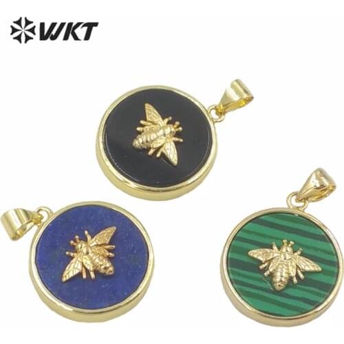 WT-P1576 Wholesale small size stone pendant Gold bezel round stone pendant cute bee necklace pendant 10pcs