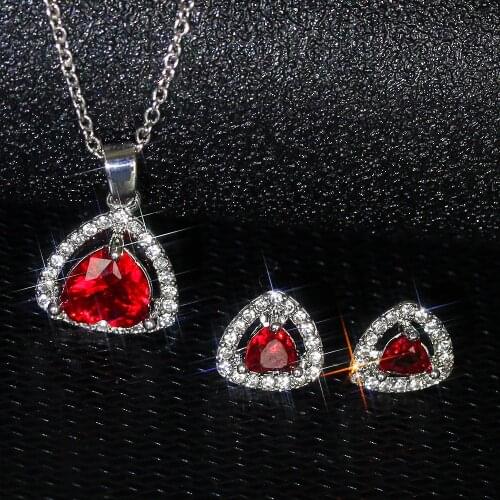YaYI Jewelry Natural Gemstones Red Garnet Zirconia Silver Color Wedding Party Little Heart Necklace Earrings Set Pendant Gift