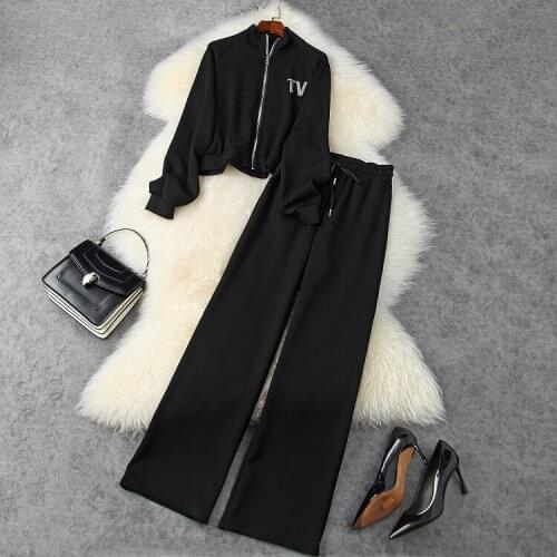 European and American womens clothing 2020 autumn new style Long sleeve ironing drill letter coat trousers Fashion suits