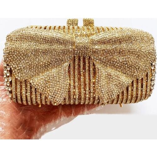 Gold Bow Shape Women Diamond Clutch Purse Fashion Ladies Crystal Wedding Party Prom Clutches Female Shoulder Phone Handbags