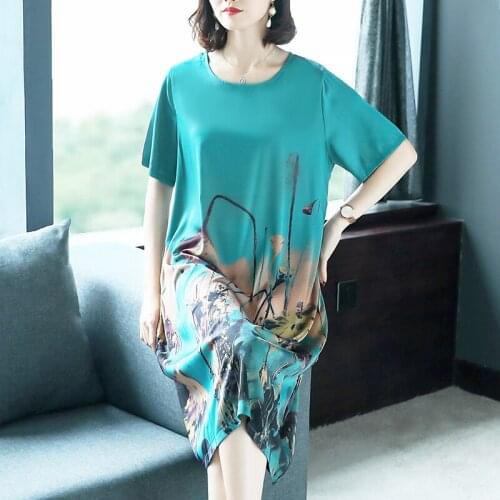 Fashion Floral Print Dresses Women Summer Casual Short Sleeve Soft Silk Dress Female Elegant O-Neck Loose Plus Size Vestidos