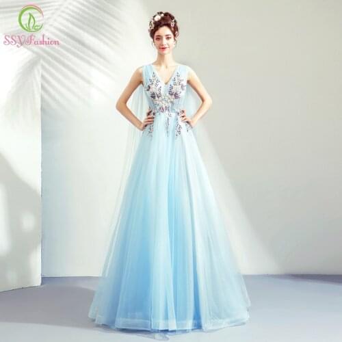 SSYFashion New Sweet Light Blue Prom Dress V-neck Lace Appliques Floor-length Fresh Formal Party Gown Robe De Soiree