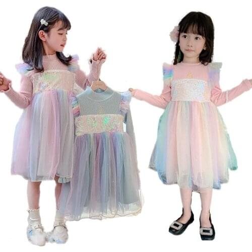 Winter Kids Dresses For Girls Long Sleeve Children Clothing Sequins Stars Tutu Girls Casual School Wear Princess Party Dress