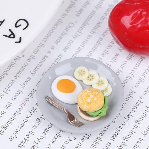 1:12 Miniature Breakfast Set Hamburger Egg Dish with Tray Dollhouse Kitchen Food Accessories