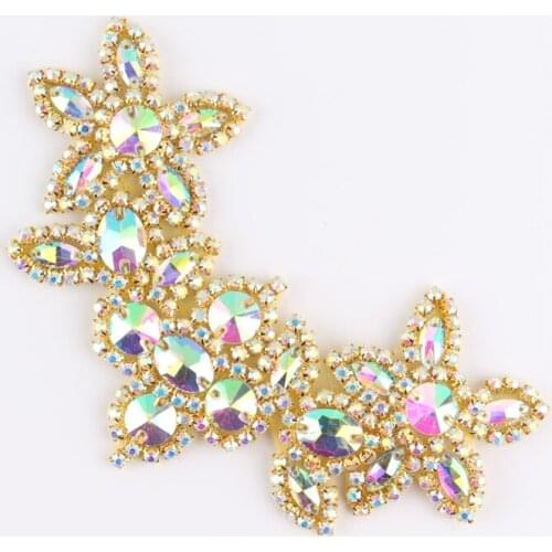 1pcs/lot)Handmade Gold Plated AB Crystal Rhinestone Appliques Patch Hot-Fix Beaded Applique Trim For Girl Wedding Hair