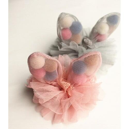 10pcs/lot Gauze Floral Cartoon Animals Rabbit Ears Shape Hairpins Modish Girls Hair Clips Round Roll Kids Headwear Peach Silver