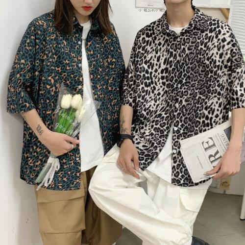 2021 Summer Mens Leopard Printing Short Sleeve Shirts Loose Casual Camisa Masculina Streetwear Mens Fashion Shirts Size M-XL