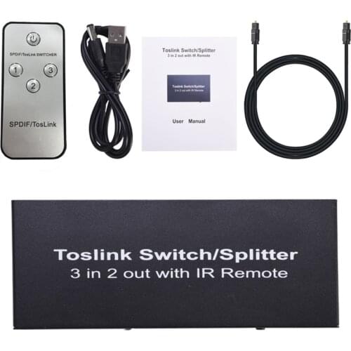 3 In 2 Out Optical Audio Switch SPDIF/TOSLINK Switcher Splitter Adapter with IR Remote For DVD ps4
