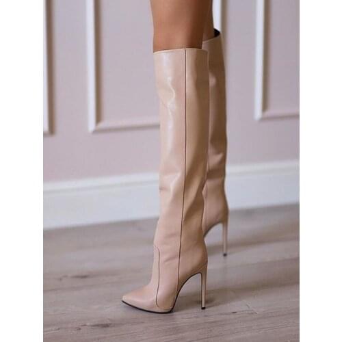 Beige Leather Knee High Boots Stiletto High Heels Sexy Pointed Toe Winter Women Boots Leather Zipper Dress Boots