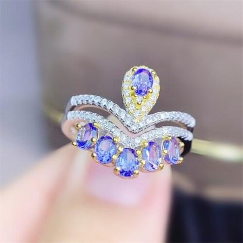 Natural real tanzanite crown big ring Per jewelry 3*4mm 0.25ct*6pcs gemstone 925 sterling silver Fine jewelry J214189