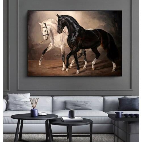 Black and White Horses Art Printing Painting on Canvas Posters and Prints Animals Wall Art Vintage Picture for Living Room Decor