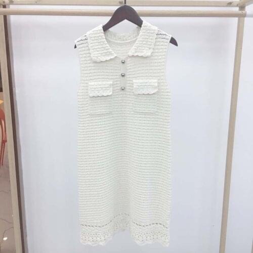 Good Quanlity Elegant Socialite One Piece White Knitted Crochet Dress Short Straight Sleeveless Summer Robe Vestido