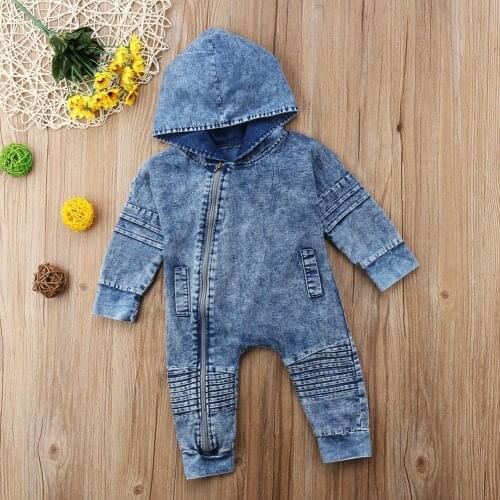Newborn Kids Baby Boy Girl Clothing Denim Hooded Romper Long Sleeve Zipper Outfits Clothes Baby Girls 0-3T